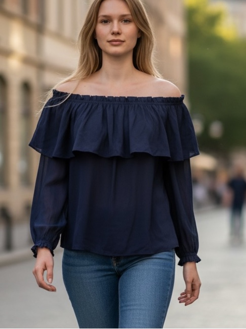Lilly Pulitzer Navy Off-Shoulder Ruffle Blouse